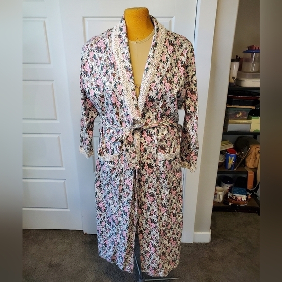 VINTAGE VICTORIA'S SECRET BEIGE PINK FLORAL COTTON ROBE WOMEN M/L COTTAGECORE - Picture 1 of 13